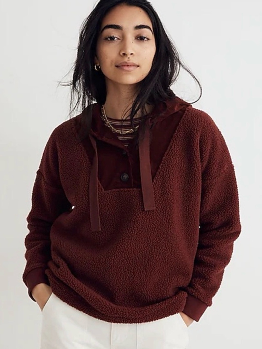 Madewell Resourced Fleece Button Front Hoodie Sweatshirt Dark Merlot